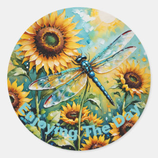 Customizable Dragon Fly, Dragon Fly and Sunflower, Classic Round Sticker