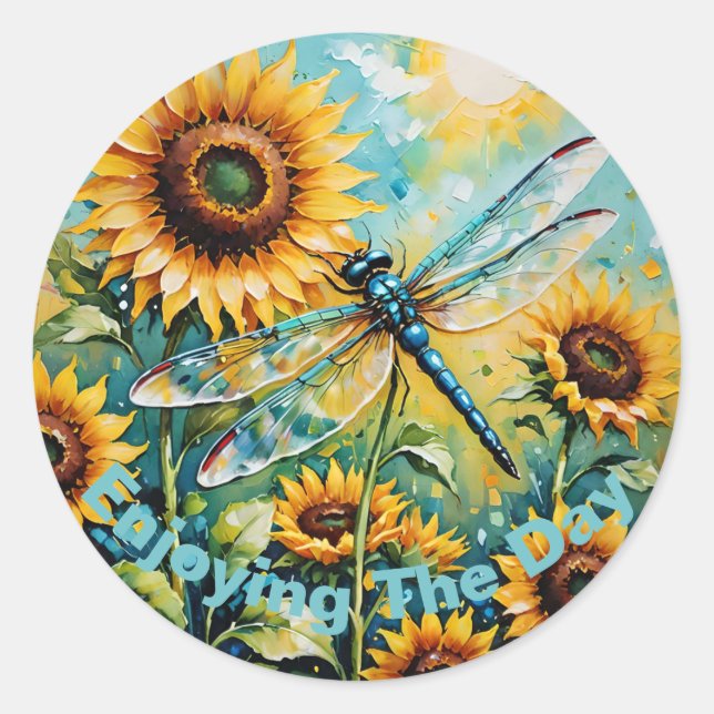 Customizable Dragon Fly, Dragon Fly and Sunflower, Classic Round Sticker (Front)