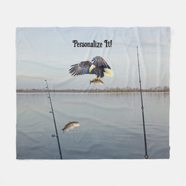 Customizable Eagle Stealing Bass Fishing Fleece Blanket (Front (Horizontal))