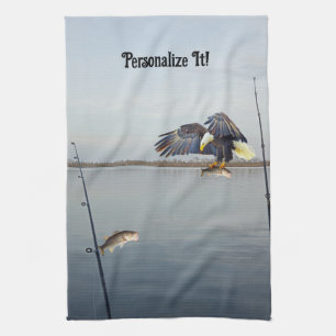 Customizable Eagle Stealing Bass Fishing Kitchen Towel