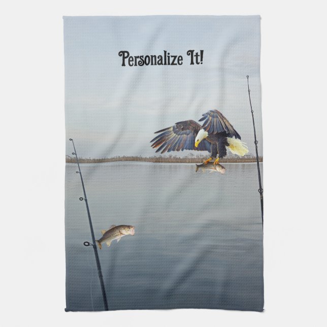 Customizable Eagle Stealing Bass Fishing Kitchen Towel (Vertical)