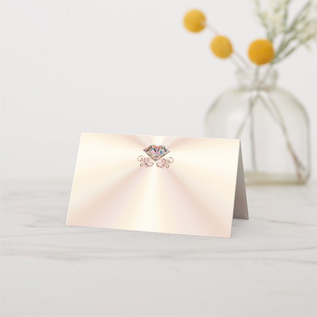 Customizable Ecru, Rose Gold Diamond Place Cards (Front)