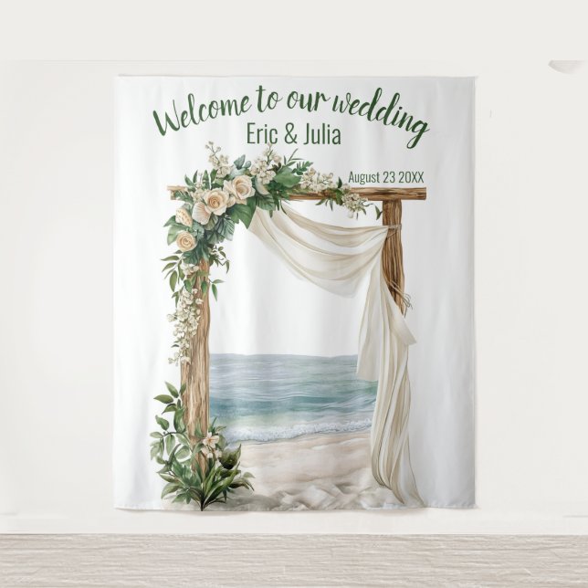 Customizable Elegant Beach Wedding Backdrop Tapestry (Front)