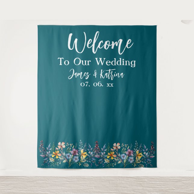  Customizable Elegant Dark Teal Wedding Backdrop Tapestry (Front)