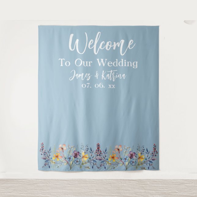  Customizable Elegant Dusty Blue Wedding Backdrop Tapestry (Front)