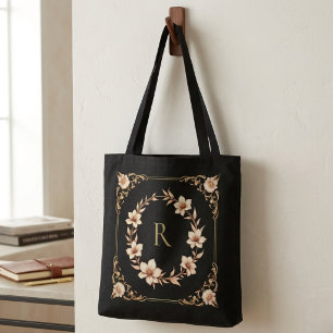 Customizable Elegant Gold Floral & Leaf Monogram Tote Bag