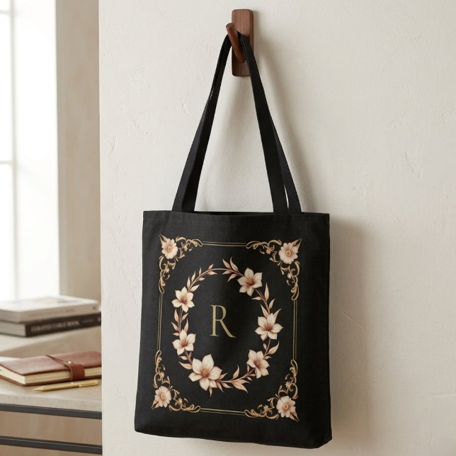 Customizable Elegant Gold Floral & Leaf Monogram Tote Bag (Creator Uploaded)