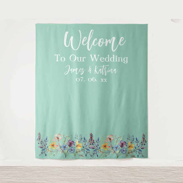  Customizable Elegant Light Teal Wedding Backdrop Tapestry (Front)