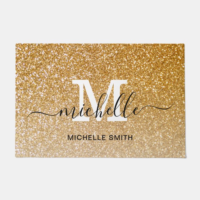 Customizable Elegant Script Monogram Name Gold Doormat (Front)