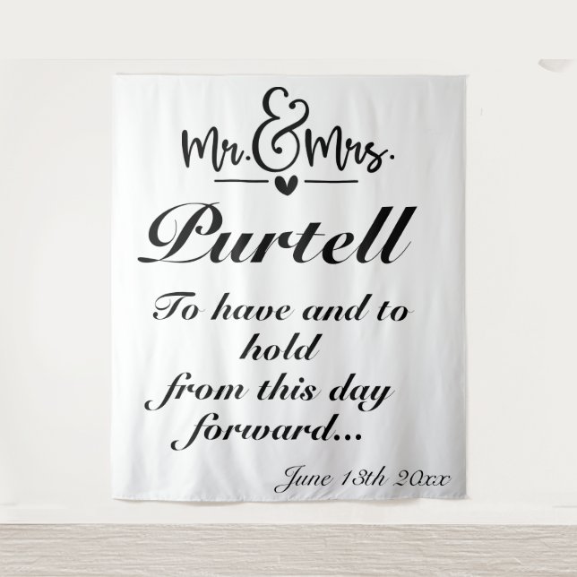 Customizable Elegant Script Wedding Vow Backdrop Tapestry (Front)