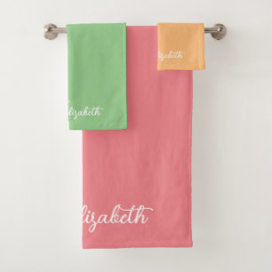 Customizable Elegant Trendy Colours Script Name Bath Towel Set