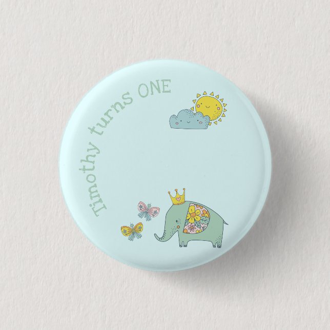 Customizable Elephant and Butterflies Birthday 1 Inch Round Button (Front)