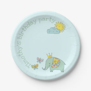 Customizable Elephant and Butterflies Birthday Paper Plate