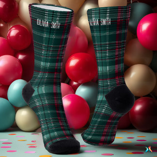 Customizable Emerald Green and Burgundy Tartan Socks