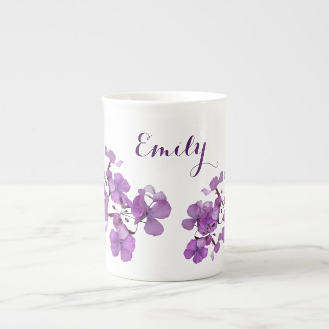 Customizable Emily name monogram purple floral Bone China Mug (Front)