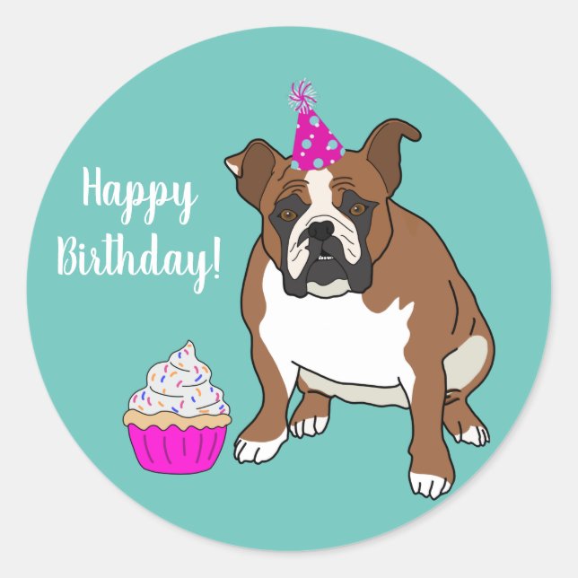 Customizable English Bulldog Birthday  Classic Round Sticker (Front)