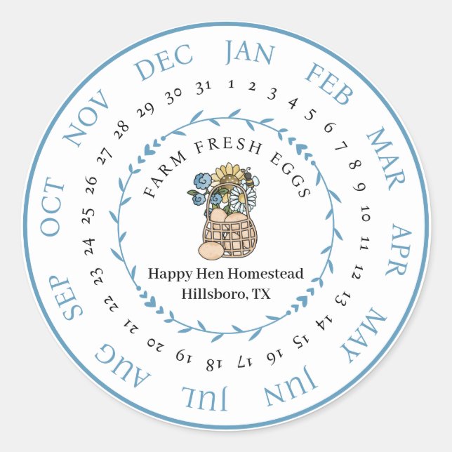 Customizable Farm Fresh Egg Carton Laid Date Classic Round Sticker (Front)