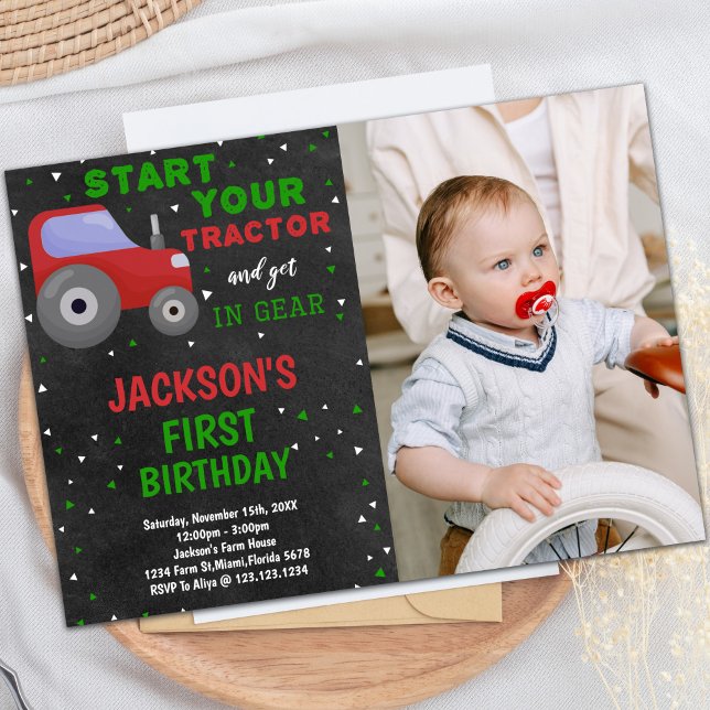 Customizable Farm Party Invitations for Kids (Gray Red Tractor Birthday Invitations with photo)