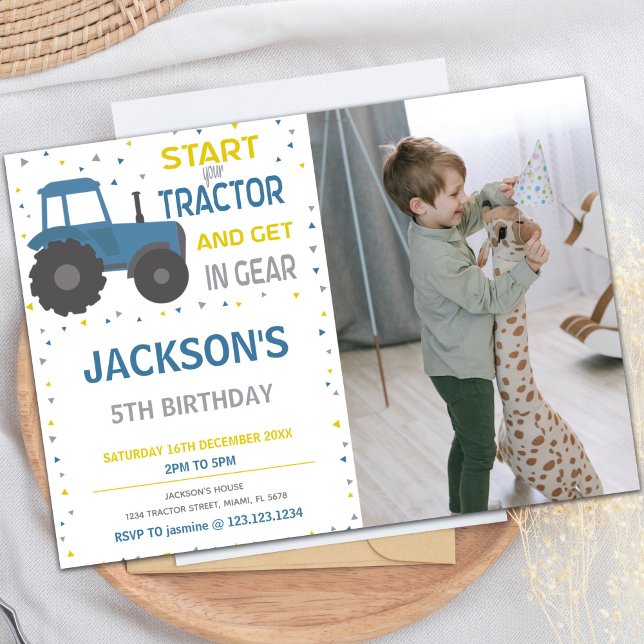 Customizable Farm Party Invitations for Kids (Blue Tractor Birthday Invitations with photo)