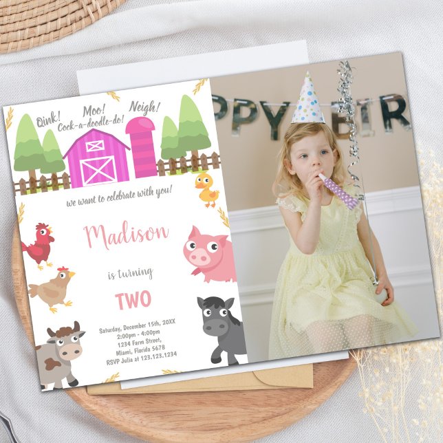 Customizable Farm Party Invitations for Kids (Pink Farm Animals Invitations with photo)