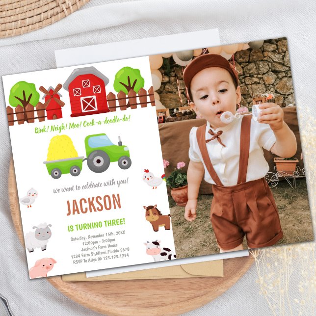 Customizable Farm Party Invitations for Kids (Green Barnyard birthday invitations with photo)