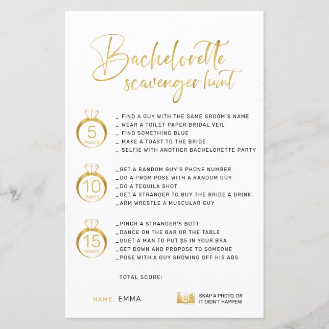 Customizable Faux Gold Bachelorette Scavenger (Front)