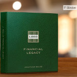Customizable Financial Legacy Planning Binder Logo<br><div class="desc">Keep your financial legacy planning documents organized and professional with this elegant green leather binder featuring a customizable logo in the centre and classic block typography. The lower thirds can be customized with your clients' name, company name or other text, and the spine can be personalized with your choice of...</div>
