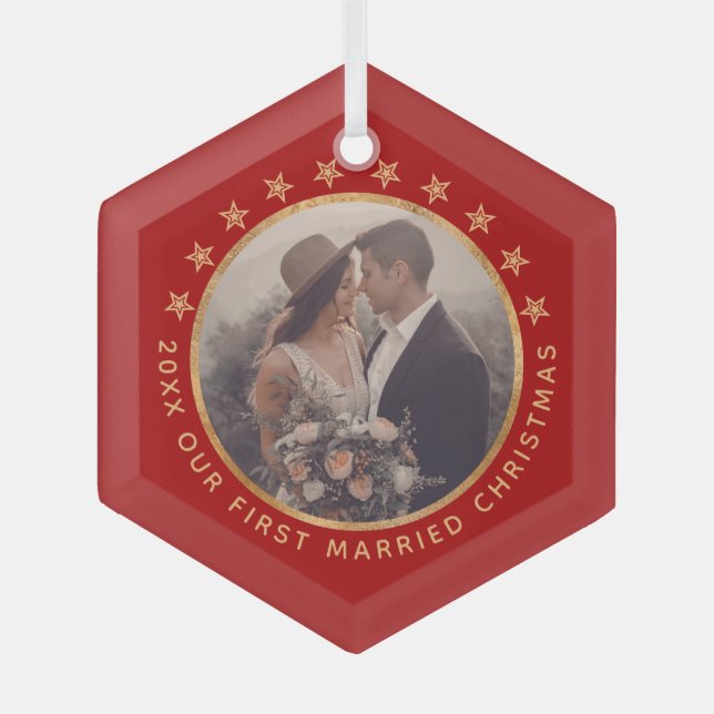   Customizable First Married Christmas Elegant Red Glass Ornament (Front)