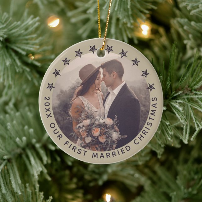 Customizable First Married Christmas Elegant Taupe Ceramic Ornament (Tree)