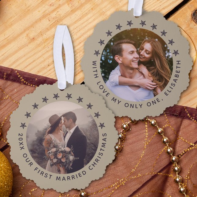 Customizable First Married Christmas Elegant Taupe Ornament Card (Creator Uploaded)