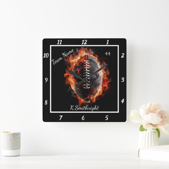 Customizable Flaming Football Team Square Wall Clock (Home)