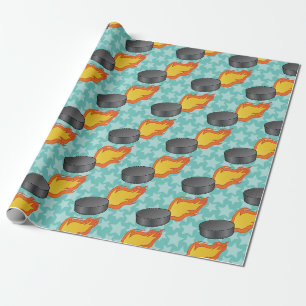 Customizable Flaming Hockey Puck Wrapping Paper