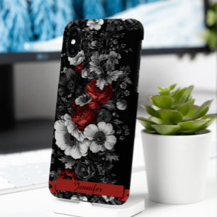 Customizable Floral Black White Red Motif iPhone 16 Pro Case
