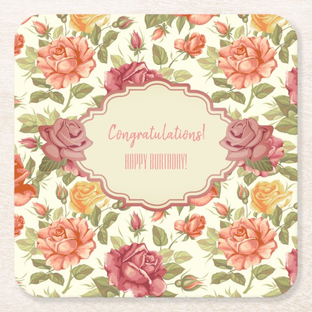 Customizable Floral Event Square Paper Coaster (Front)