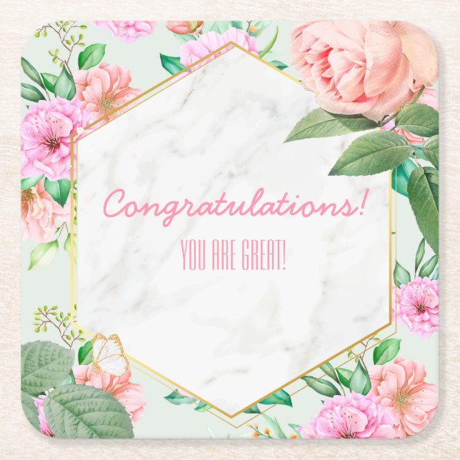 Customizable Floral Event Square Paper Coaster (Front)