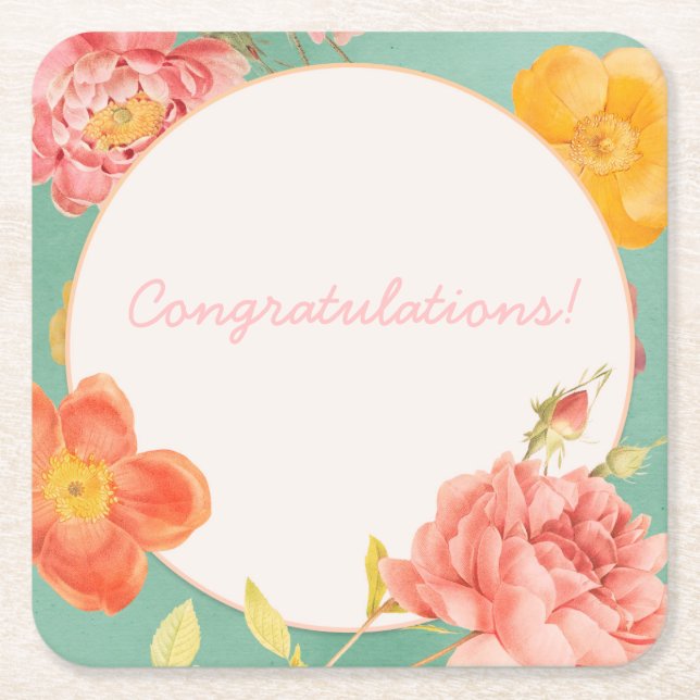 Customizable Floral Event Square Paper Coaster (Front)