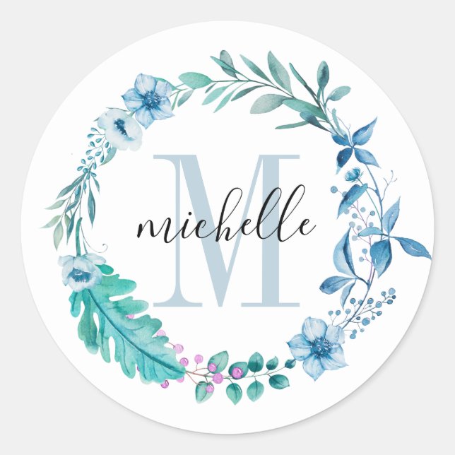 Customizable Floral Monogram Blue Spring Classic Round Sticker (Front)