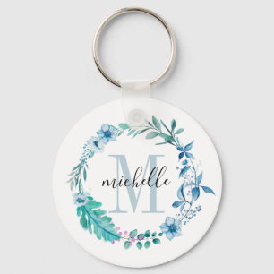 Customizable Floral Monogram Blue Spring Keychain