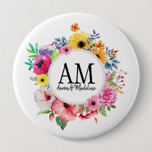 Customizable Floral Monogram Colourful Bouquet 4 Inch Round Button