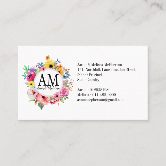 Customizable Floral Monogram Colourful Bouquet Business Card (Front)