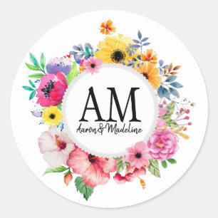 Customizable Floral Monogram Colourful Bouquet Classic Round Sticker