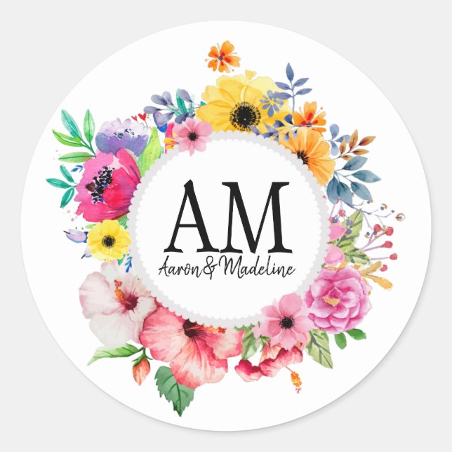 Customizable Floral Monogram Colourful Bouquet Classic Round Sticker (Front)
