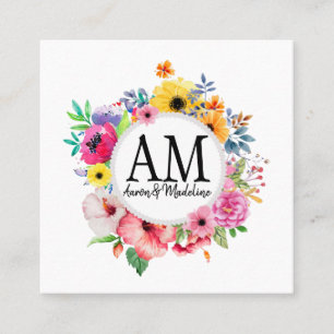 Customizable Floral Monogram Colourful Bouquet Square Business Card