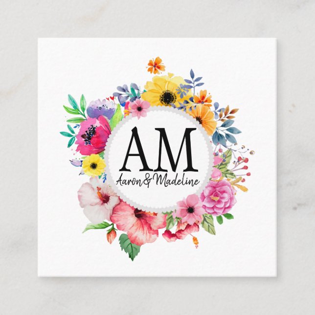 Customizable Floral Monogram Colourful Bouquet Square Business Card (Front)