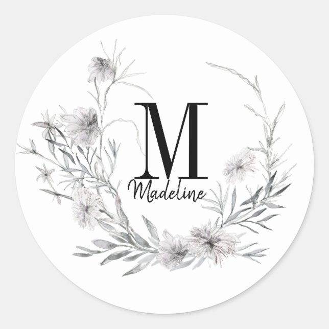 Customizable Floral Monogram Dusty Wildflowers Classic Round Sticker (Front)