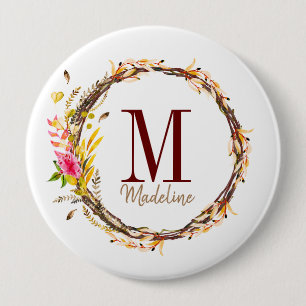 Customizable Floral Monogram Fall Foliage 4 Inch Round Button