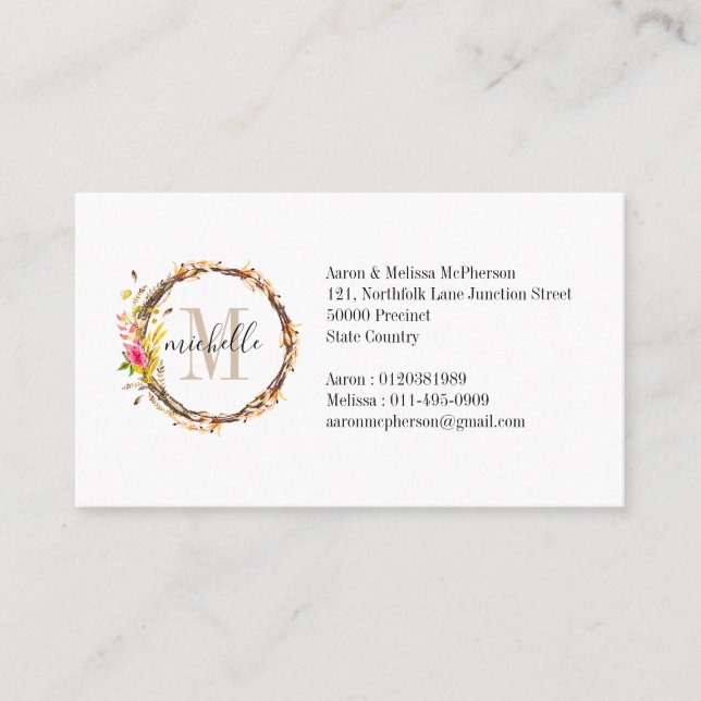 Customizable Floral Monogram Fall Foliage Business Card (Front)
