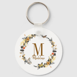 Customizable Floral Monogram Golden Foliage Keychain