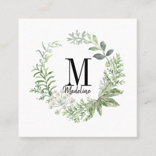 Customizable Floral Monogram Green Foliage Square Business Card