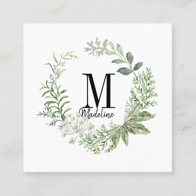 Customizable Floral Monogram Green Foliage Square Business Card (Front)